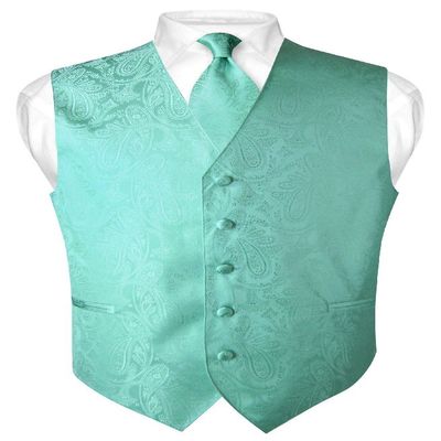 Vesuvio Napoli Men's Paisley Design Dress Vest & NeckTie AQUA GREEN Color Neck Tie Set sz 6XL