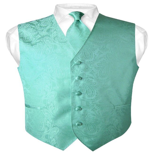 Vesuvio Napoli Men's Paisley Design Dress Vest & NeckTie AQUA GREEN Color Neck Tie Set sz 6XL