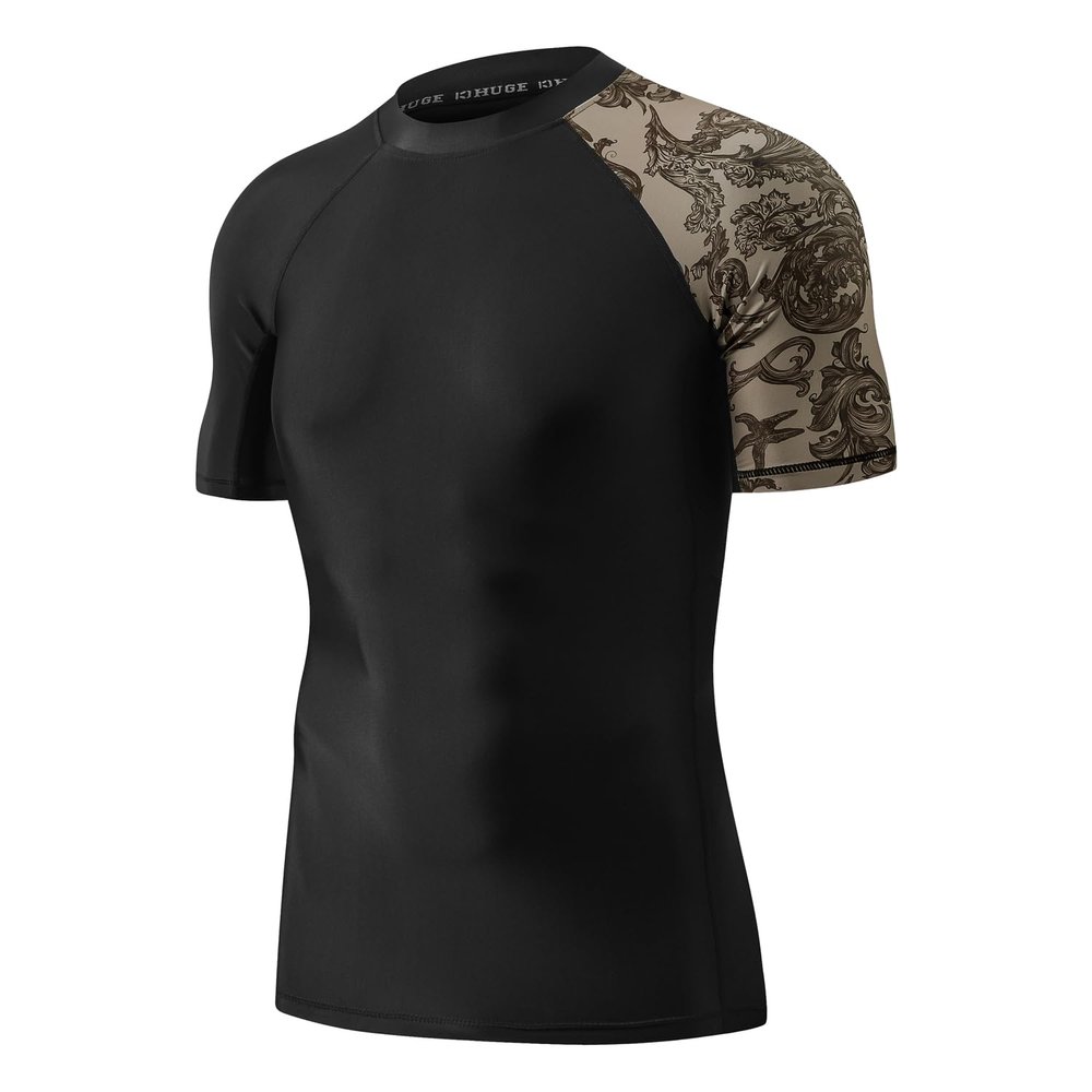 HUGE SPORTS Men's Splice UV Sun Protection UPF 50+ Skins Rash Guard Short Sleeves(Sea Forest, 3XL)