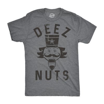 Crazy Dog Mens Holiday Novelty T Shirt Deez Nuts Funny Nutcracker Christmas Pun Shirt Meme Cringe Bro Ugly Sweater Party Tee Dark Heather Grey XXL