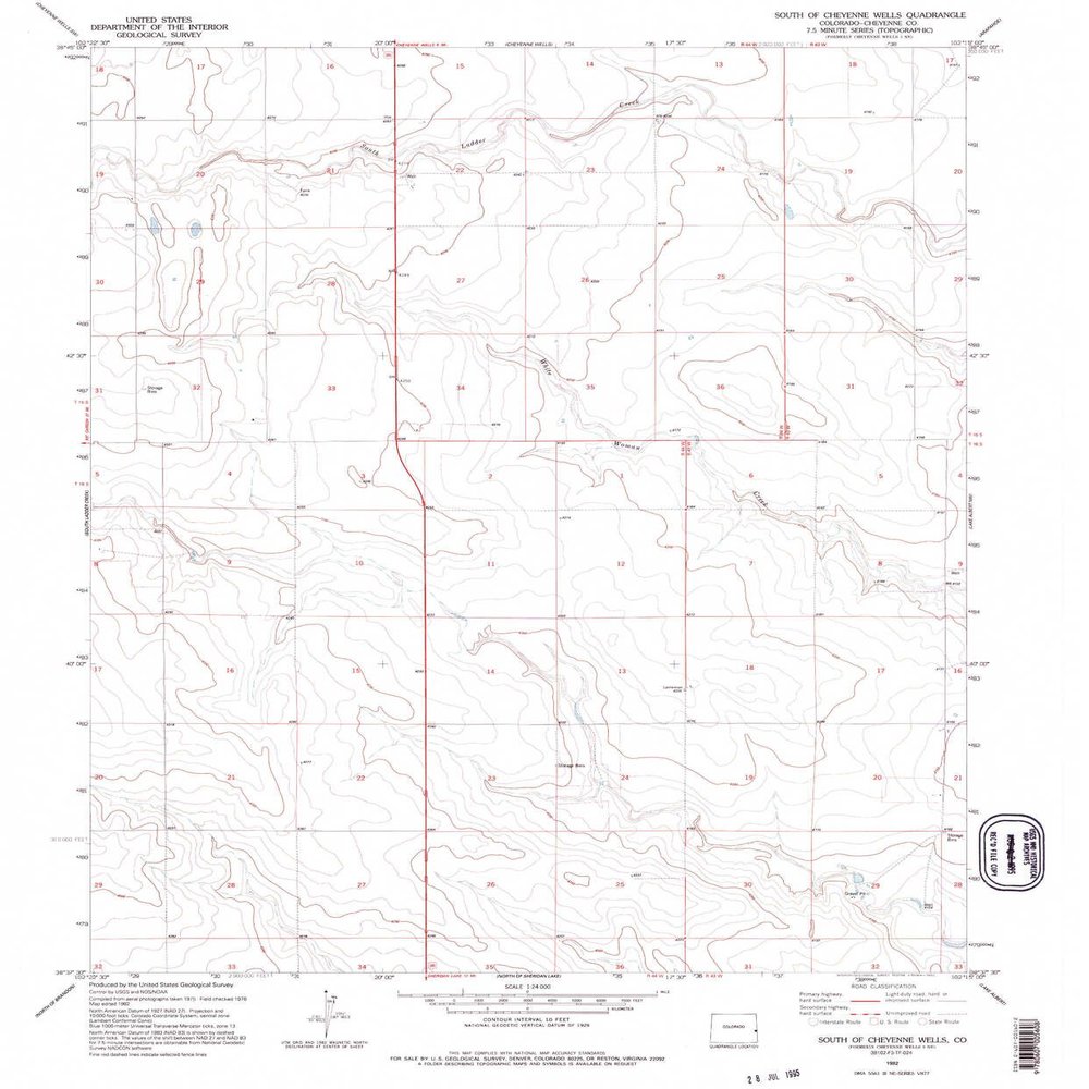 South of Cheyenne Wells CO topo map, 1:24000 Scale, 7.5 X 7.5 Minute, Historical, 1982, Updated 1995, 26.6 x 22.1 in - Tyvek
