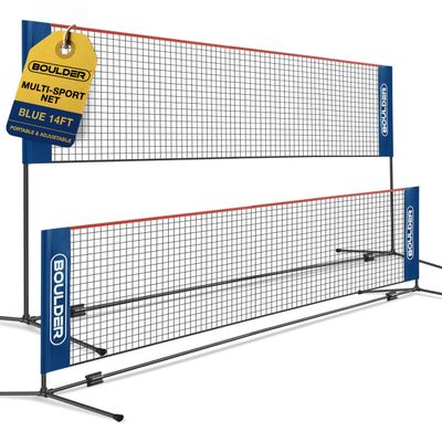 BOULDER Portable Badminton Pickleball Net - Foldable / Extendable Poles for Multiple Sports Heights (UP to 5 ft) - Ideal for Tennis, Pickleball, Soccer Tennis - Easy Setup (Blue, 14 FT)