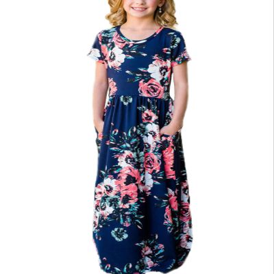 21KIDS Girls Floral Casual Short Sleeve Long Maxi Dress with Pockets, Dark Blue, 12 Years