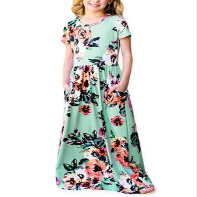 21KIDS Girls Floral Casual Short Sleeve Long Maxi Dress with Pockets, Green, 8 Years