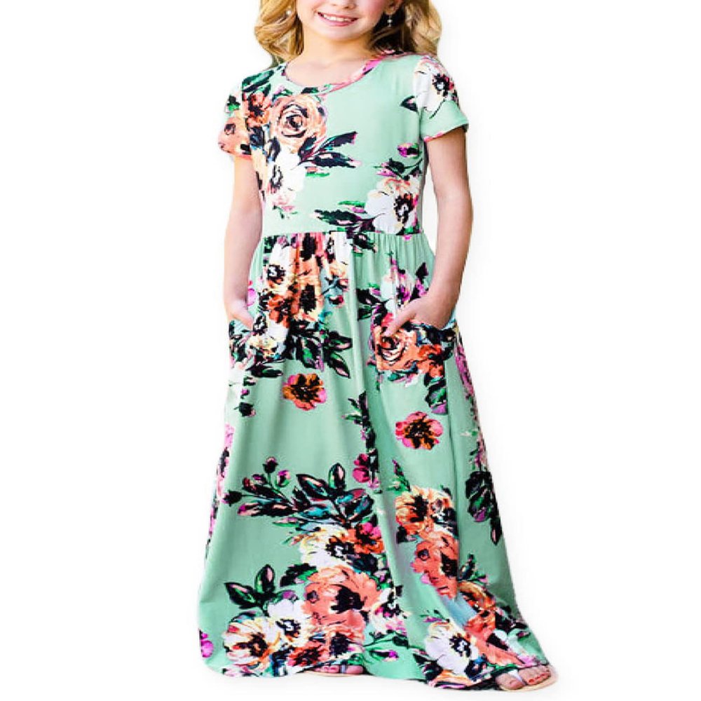 21KIDS Girls Floral Casual Short Sleeve Long Maxi Dress with Pockets, Green, 8 Years