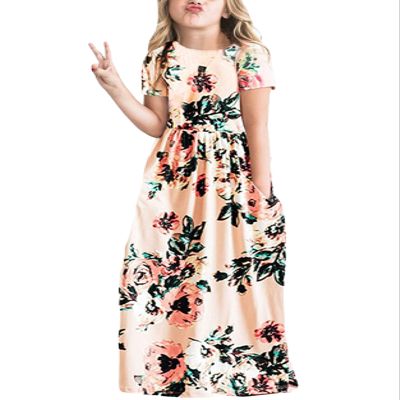 21KIDS Girls Floral Casual Short Sleeve Long Maxi Dress with Pockets, Pink, 10 Years