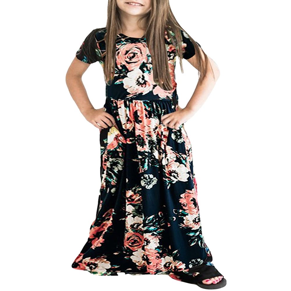 21KIDS Girls Floral Casual Short Sleeve Long Maxi Dress with Pockets, Black, 8 Years