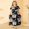 21KIDS Girls Floral Casual Short Sleeve Long Maxi Dress with Pockets, Black, 8 Years view 4