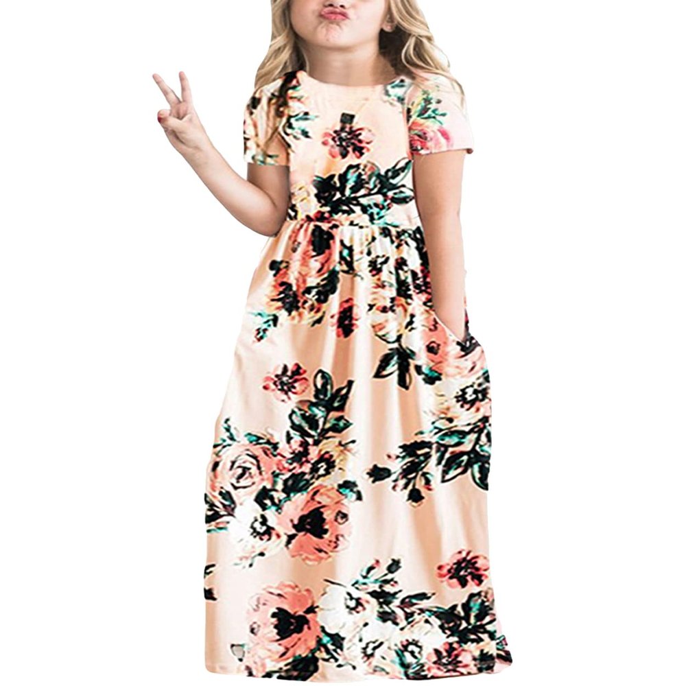 21KIDS Girls Floral Casual Short Sleeve Long Maxi Dress with Pockets, Pink, 8 Years