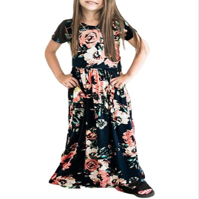 21KIDS Girls Floral Casual Short Sleeve Long Maxi Dress with Pockets, Black, 6 Years