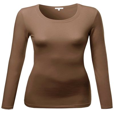 Emmalise Women's Basic Athletic Fit Tshirt Long Sleeves Round Crew Neck Tee (1Pk Mocha, Small)