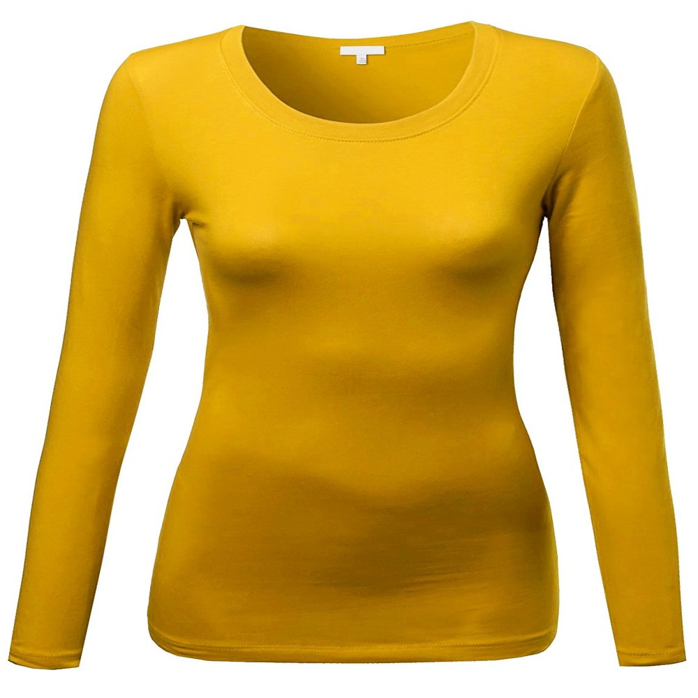 Emmalise Women's Basic Athletic Fit Tshirt Long Sleeves Round Crew Neck Tee (1Pk Mustard, Small)