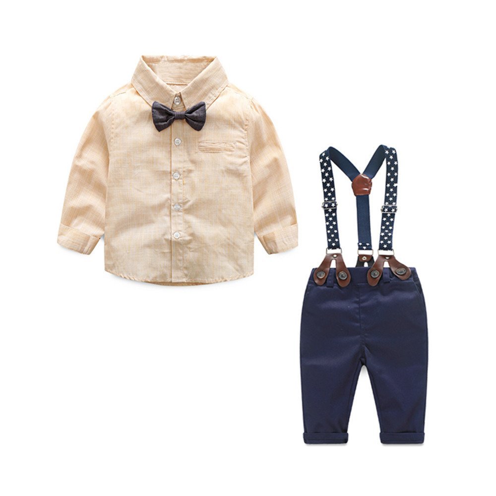 Moyikiss Studio Baby Boys Cotton Gentleman Long Sleeve Bow Tie Shirts and Suspenders Pants (Beige, 70/0-6 Months)