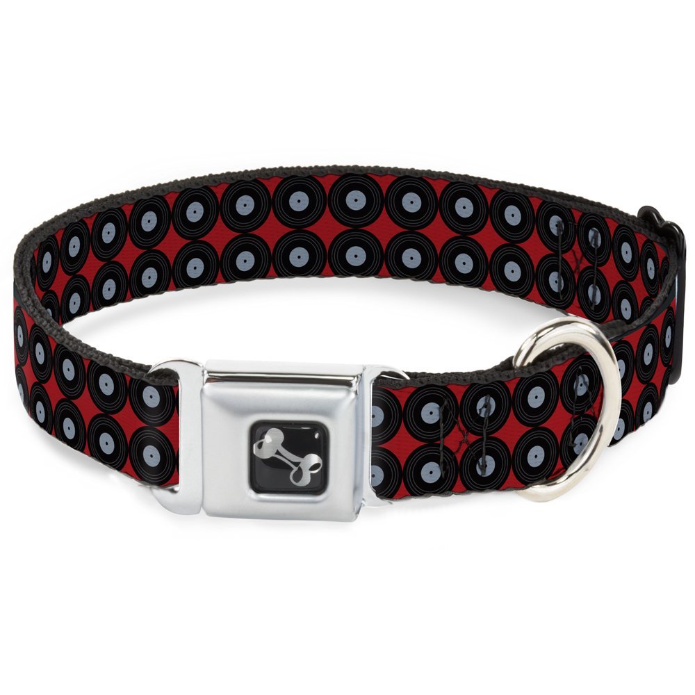 Dog Collar Seatbelt Buckle Vinyl Records 2 Stripe Red Black Gray 13 to 18 Inches 1.5 Inch Wide