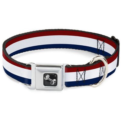 Dog Collar Seatbelt Buckle Stripes Red White Blue 15 to 26 Inches 1.0 Inch Wide