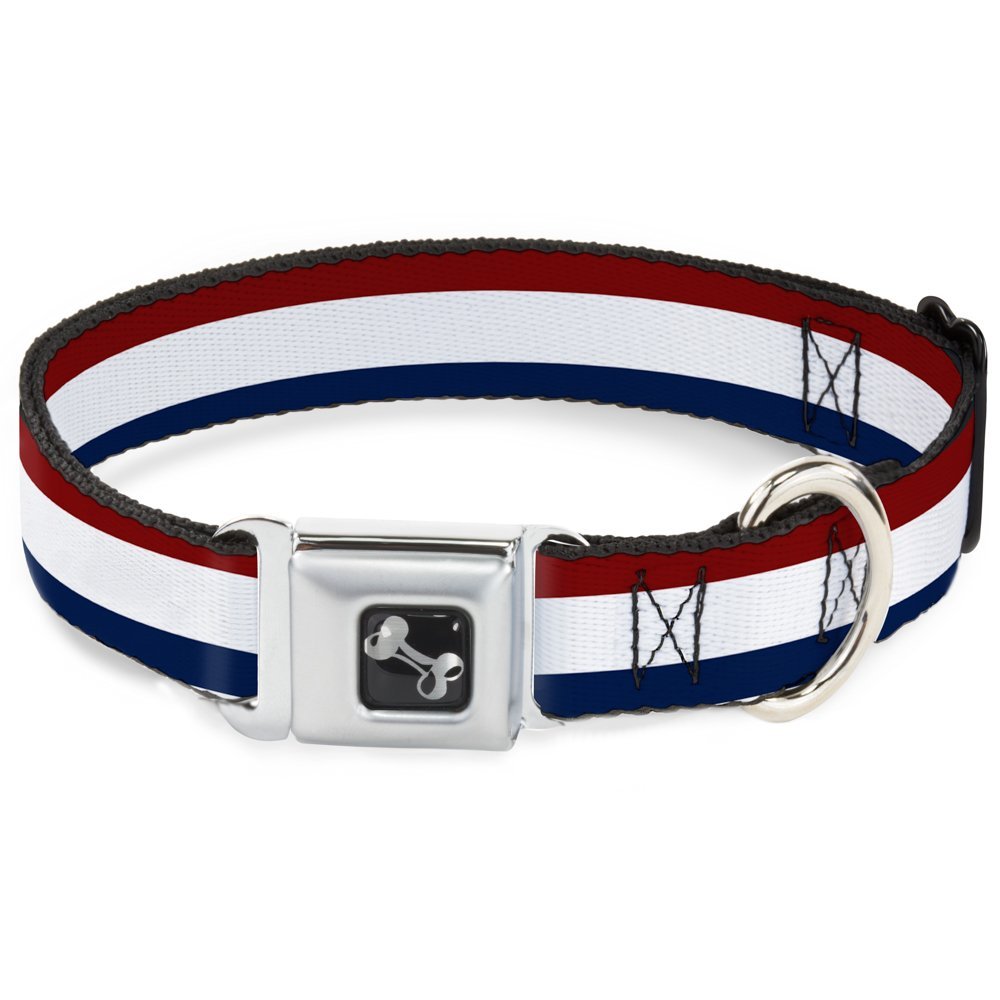 Dog Collar Seatbelt Buckle Stripes Red White Blue 15 to 26 Inches 1.0 Inch Wide