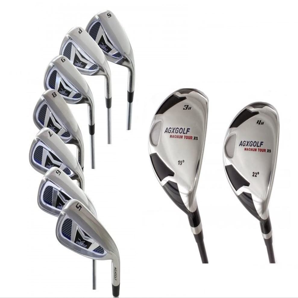 AGXGOLF Men's Magnum XS Wide Sole Edition Stainless Steel Irons Set w/3 & 4 Hybrids + 5-9 Irons + Pitching Wedge + Sand Wedge: Regular Flex; Tall Length +1; Right Hand: USA Built!