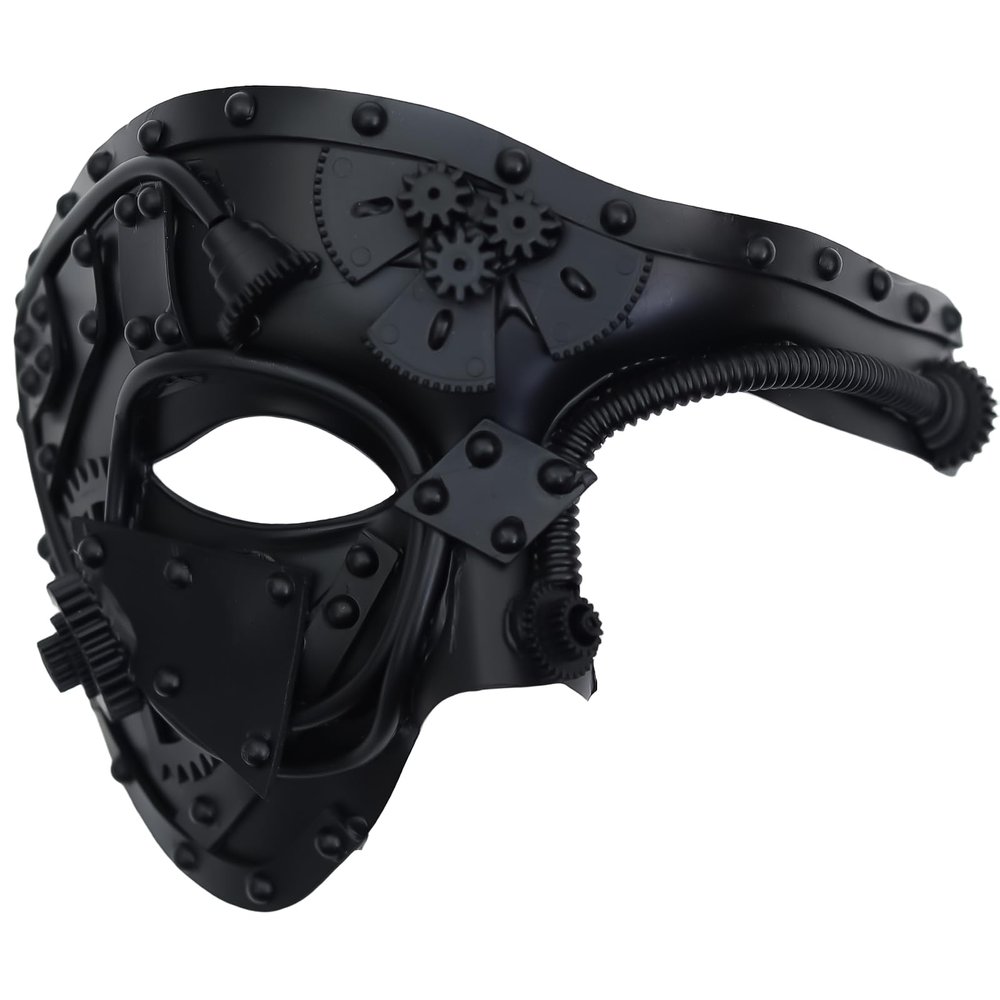 Ubauta Steampunk Cyborg Mask for Halloween: Handcrafted Plastic with Black Metallic Finish - DIY Repair Strip & Adjustable Fit