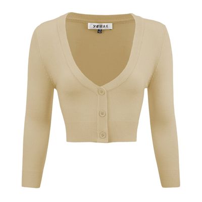 YEMAK Women's Cropped Bolero Cardigan  3/4 Sleeve V-Neck Basic Classic Casual Button Down Knit Soft Sweater Top CO129-TPE-2X Taupe