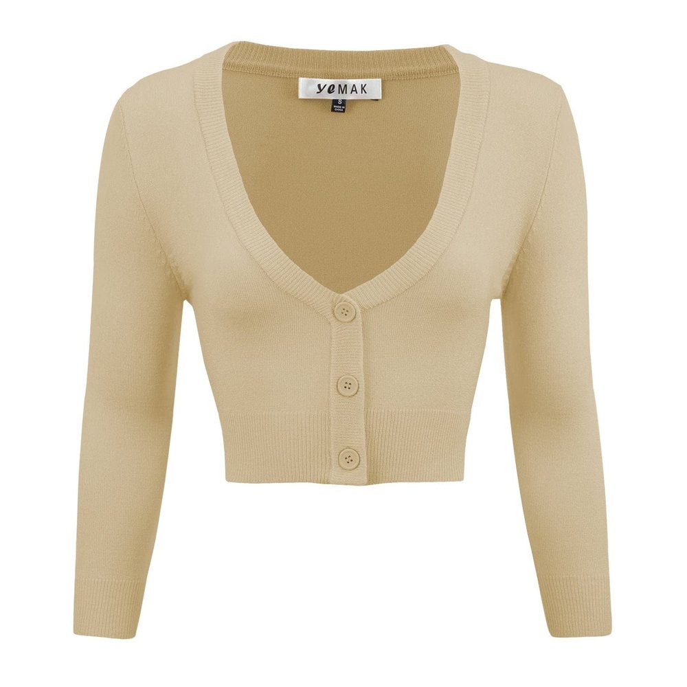 YEMAK Women's Cropped Bolero Cardigan  3/4 Sleeve V-Neck Basic Classic Casual Button Down Knit Soft Sweater Top CO129-TPE-2X Taupe