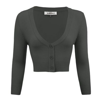 YEMAK Women's Cropped Bolero Cardigan  3/4 Sleeve V-Neck Basic Classic Casual Button Down Knit Soft Sweater Top CO129-CHA-3X Charcoal