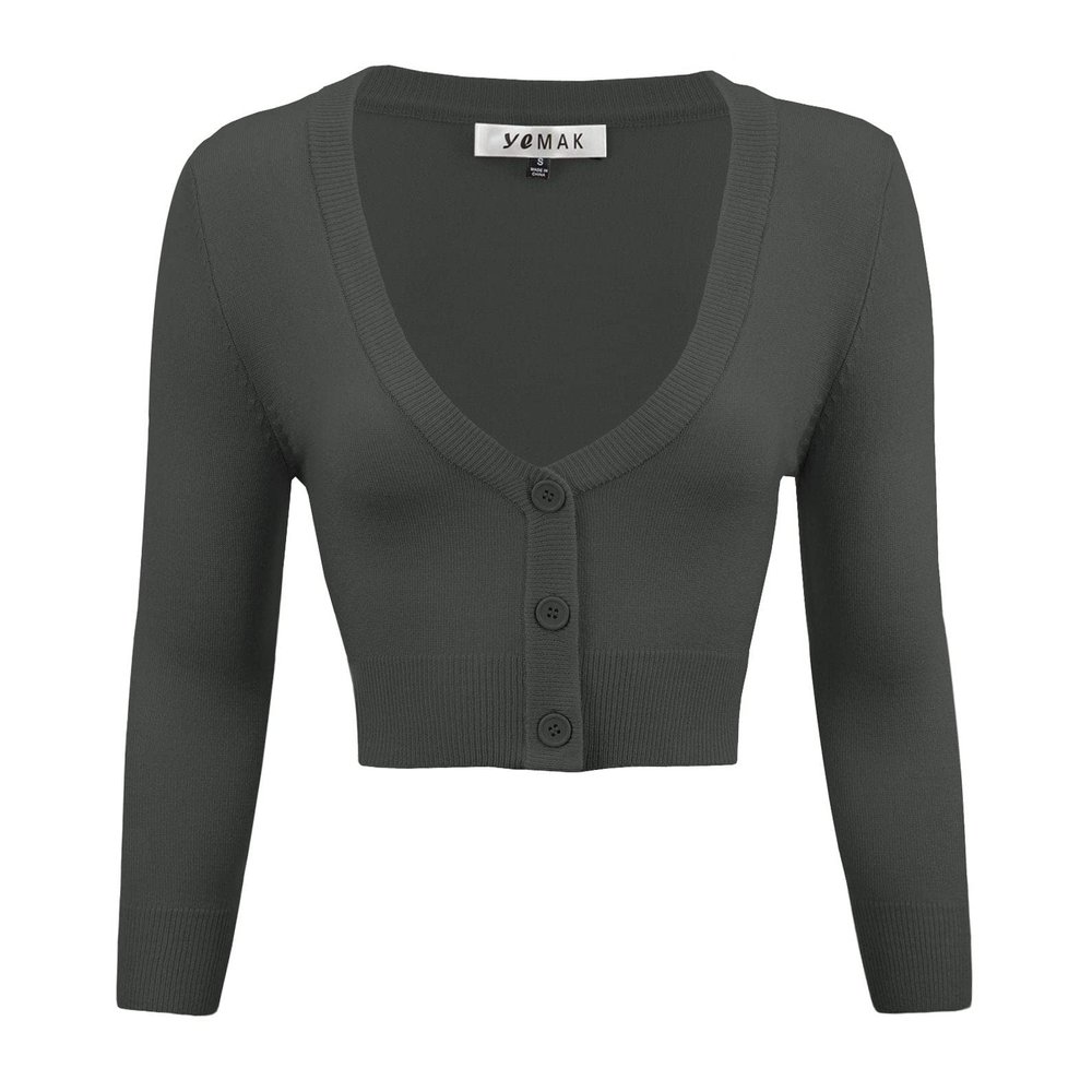 YEMAK Women's Cropped Bolero Cardigan 3/4 Sleeve V-Neck Basic Classic Casual Button Down Knit Soft Sweater Top CO129-CHA-3X Charcoal