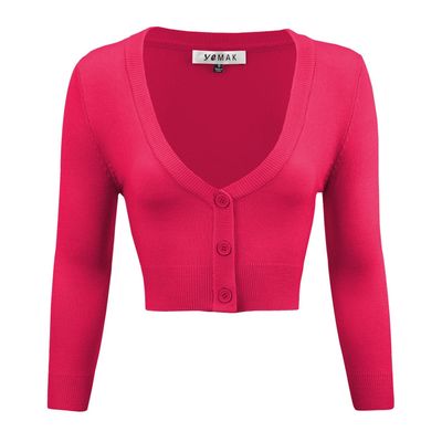 YEMAK Women's Cropped 3/4 Sleeves Cardigan Sweater Vintage Inspired Pinup,Rose Pink,Small