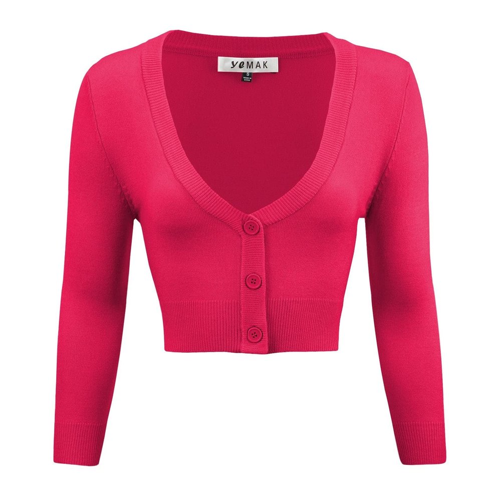 YEMAK Women's Cropped 3/4 Sleeves Cardigan Sweater Vintage Inspired Pinup,Rose Pink,Small
