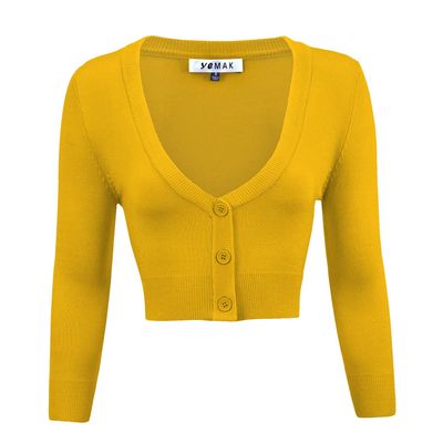 YEMAK Women's Cropped Bolero Cardigan  3/4 Sleeve V-Neck Basic Classic Casual Button Down Knit Soft Sweater Top CO129-HON-1X