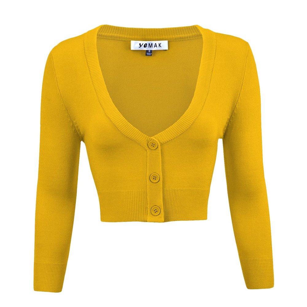 YEMAK Women's Cropped Bolero Cardigan 3/4 Sleeve V-Neck Basic Classic Casual Button Down Knit Soft Sweater Top CO129-HON-1X