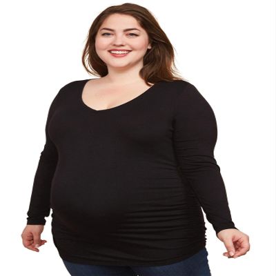 Motherhood Maternity Women's Maternity Long Sleeve V-Neck Side Ruched Tee Shirt Shirt, Black, Extra Small