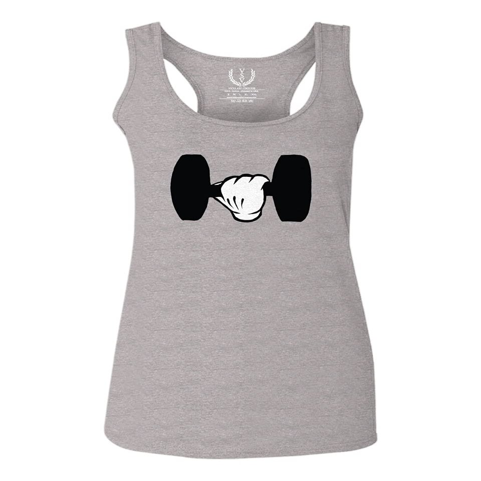0079. Workout weigthLifting Fitness Cartoon Glove Dumbells Gym Lifting Lift Graphic Women's Tank Top Racerback (Light Gray Small)