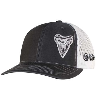 Born of Water Megalodon MEG Tooth Trucker Hat: Scuba Dive | Freediving | Spearfishing - Gray/White