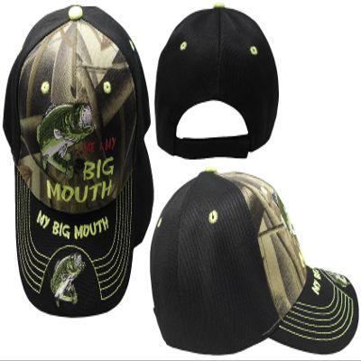 AES Me & My Big Mouth Fishing Bass Camouflage Black Bill Embroidered Cap Hat 924A