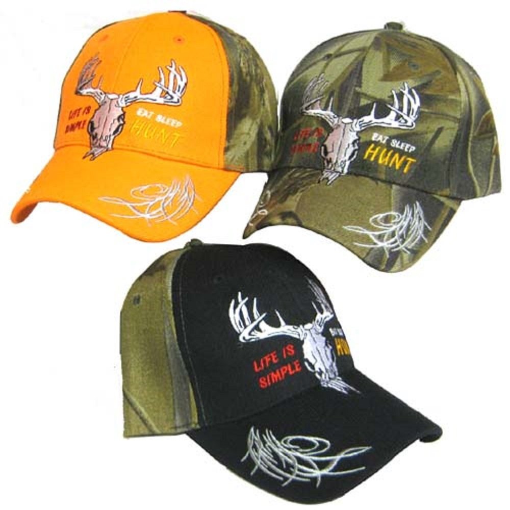 AES Life is Simple Eat Sleep Hunt Deer Skull Orange Front Embroidered Cap Hat 908A