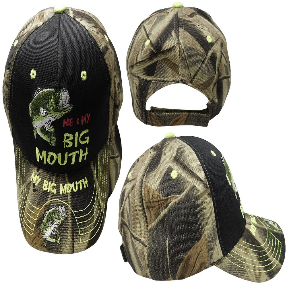 AES Me & My Big Mouth Fishing Bass Camouflage Black Front Embroidered Cap Hat 924A