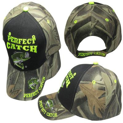AES Perfect Catch Bass Fishing Camouflage Camo Black Front Embroidered Cap Hat 923A