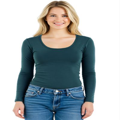 Emmalise Women's Junior and Plus Size Basic Scoop Neck Tshirt Long Sleeve Tee, 3XL, Green Teal
