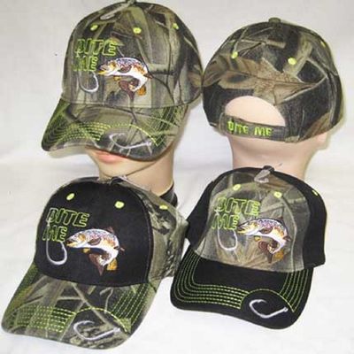 AES Bite Me Hook Trout Fishing Camouflage Black Bill Embroidered Cap Hat 925C