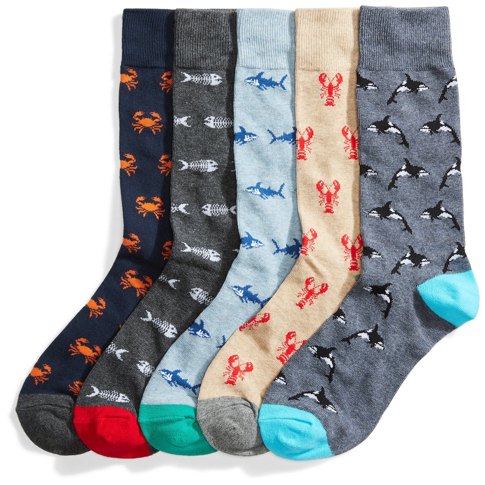Amazon Essentials Men's Comfortable Patterned Dress Crew Socks, 5 Pairs, Crab/Dolphin/Sea Life, 8-12