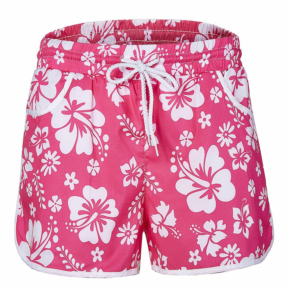 EASYHON Women's Floral Boardshort Elastic Waistband Beach Shorts with Drawstring (Pink,Medium)