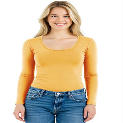 Emmalise Women's Junior and Plus Size Basic Scoop Neck Tshirt Long Sleeve Tee, Medium, Light Yellow