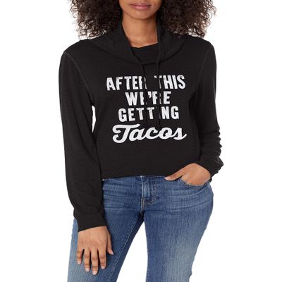 Fifth Sun Women's Sassy Text Long Sleeve Cowl Neck Tees, Black//Tacos After, x-Small