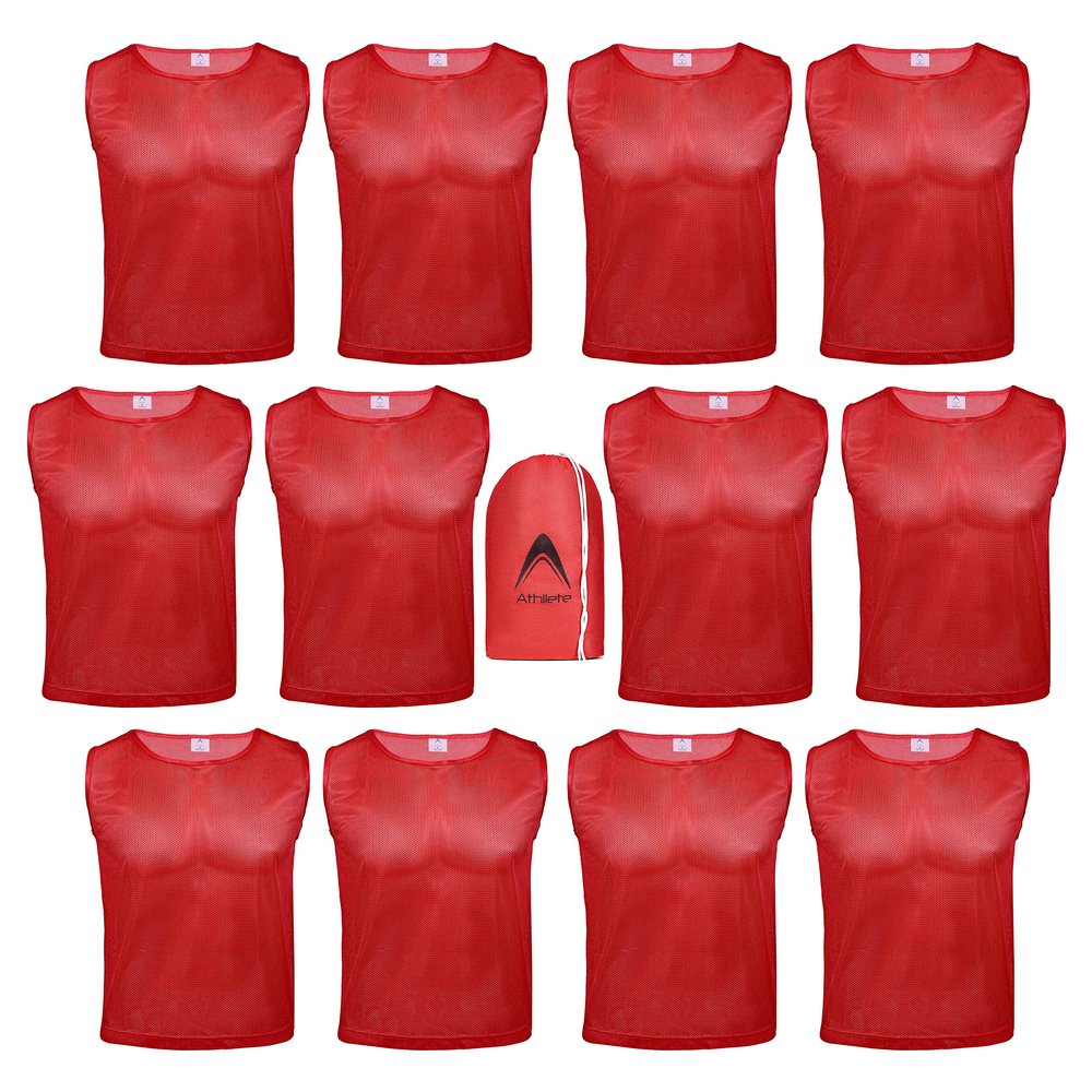 Athllete Boys Scrimmage Practice Vest - Numbered Red Pinnies, Set of 12, Medium