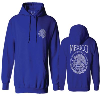 0081. Hecho En Mexico Mexican Flag Coat of Arms Escudo Mexicano 5 Mayo Sweatshirt Pullover Hoodie (Royal, Medium)