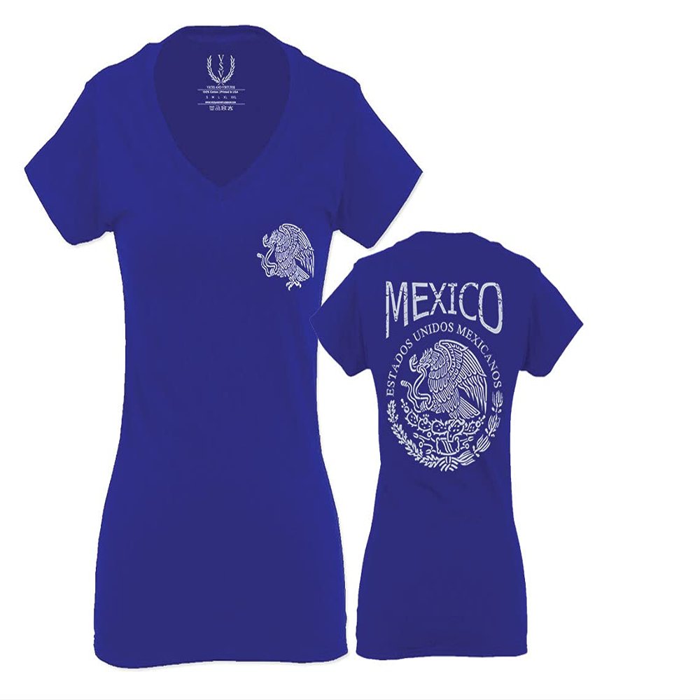 0081. Hecho En Mexico Mexican Flag Coat of Arms Escudo Mexicano 5 Mayo for Women V Neck Fitted T Shirt (Royal Small)