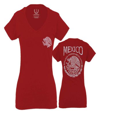 0081. Hecho En Mexico Mexican Flag Coat of Arms Escudo Mexicano 5 Mayo for Women V Neck Fitted T Shirt (Red, Medium)