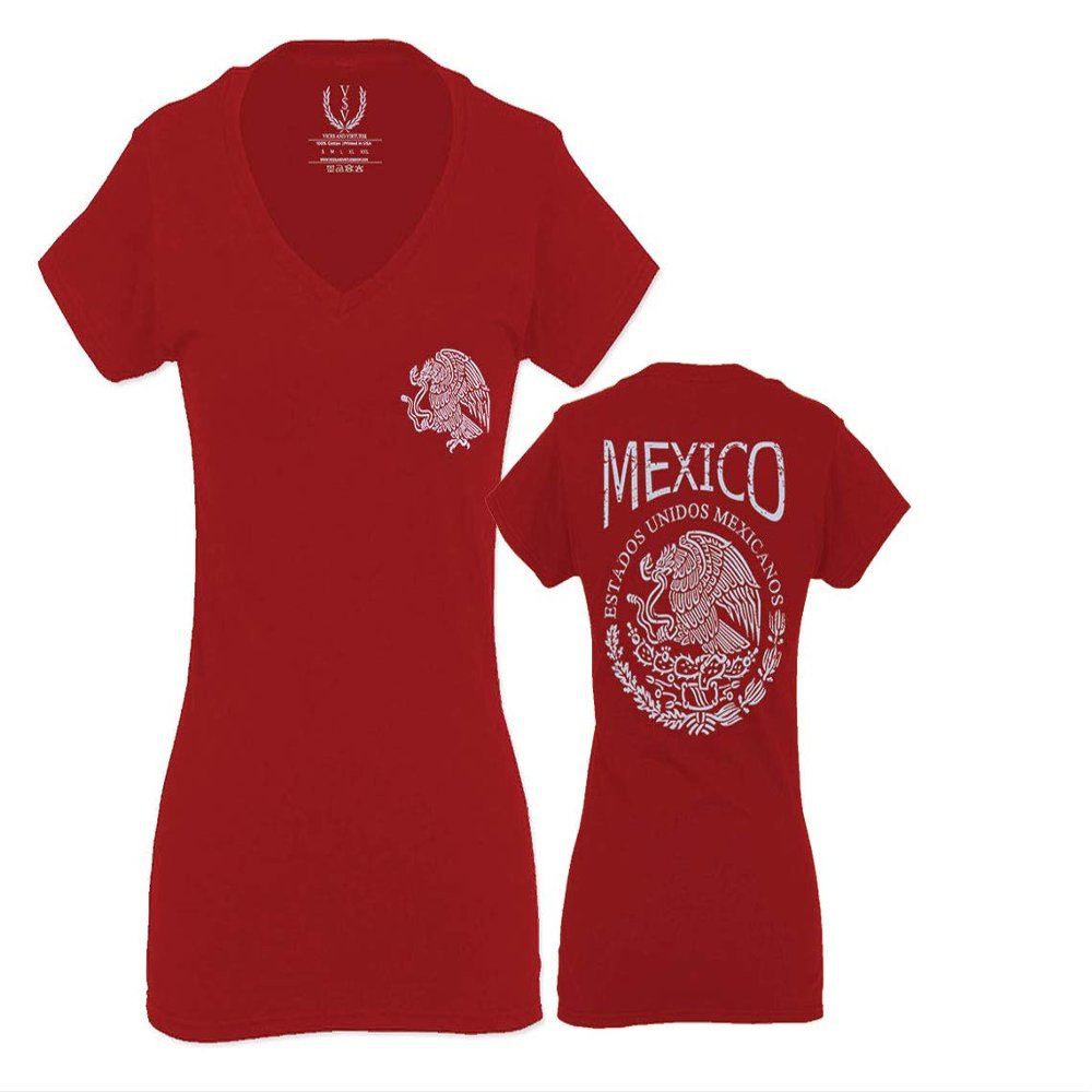 0081. Hecho En Mexico Mexican Flag Coat of Arms Escudo Mexicano 5 Mayo for Women V Neck Fitted T Shirt (Red, Medium)