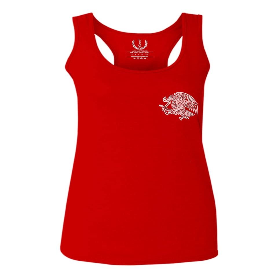 0081. Hecho En Mexico Mexican Flag Coat of Arms Escudo Mexicano 5 Mayo Women's Tank Top Racerback (Red, Small)