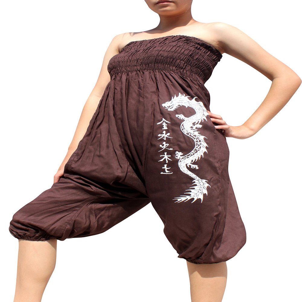 RaanPahMuang Rayon Mao Smock Pants or Jump Suit Onesee with Long Dragon Print, Medium, Dark Brown